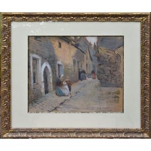 Louise Saint "rue Animée à "pont Labbé"" 1916 Pastel 34x38